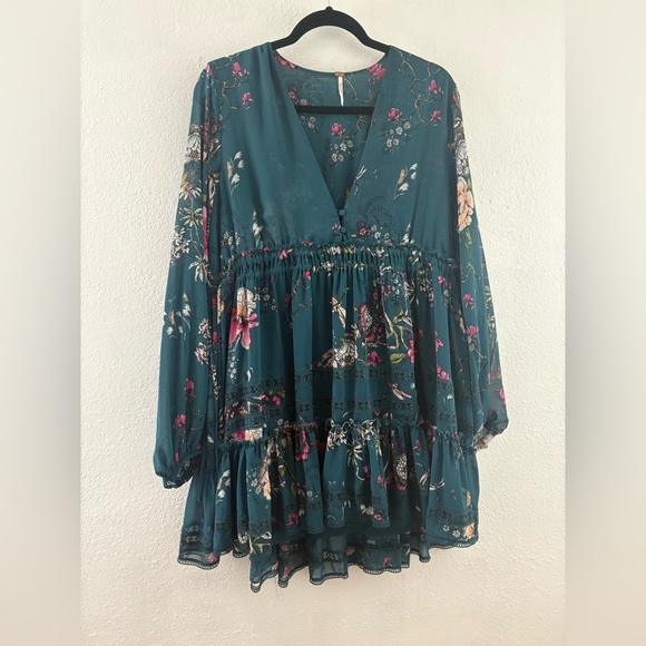 Free people Cherry Blossom long sleeve Mini Dress in Emerald Combo size S - Picture 2 of 10